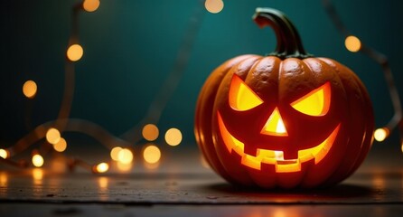 Fototapeta premium A carved pumpkin with a lit candle inside, glowing warmly against a dark background. A Halloween-themed 3D render with intricate details and soft orange light.