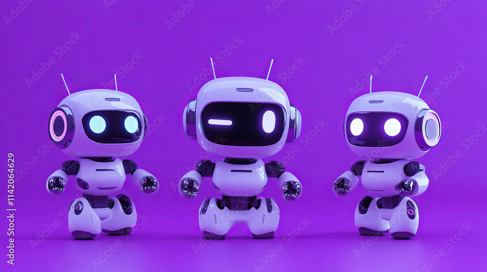Poster cute neon dark ai robot bot mascot cartoon vector set. futuristic purple character evolution with ar