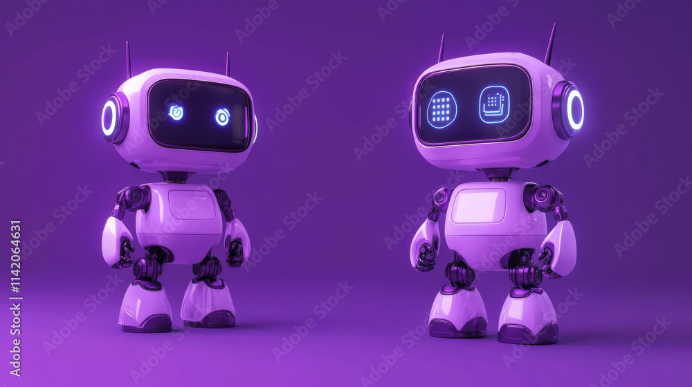 Poster cute neon dark ai robot bot mascot cartoon vector set. futuristic purple character evolution with ar
