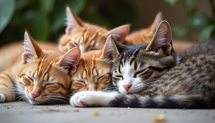 Group of sleeping cats, cozy and peaceful, natural environment, copy space