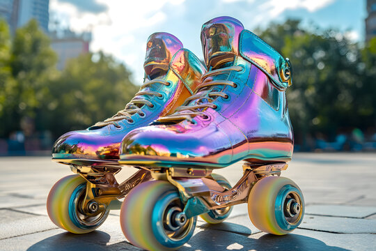 Rainbow Roller Skates: A vibrant pair of iridescent roller skates on a sunny day, reflecting urban beauty.