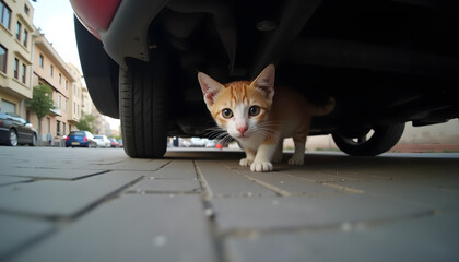 Curious cat peeking from under a car in an urban setting with a low-angle perspective