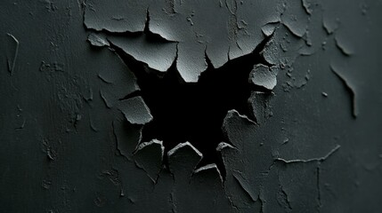 Dark Hole in Cracked Paint: A dramatic close-up of a dark hole ripped through cracked, peeling dark gray paint, creating a stark contrast and mysterious void.