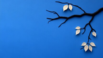 Minimalist Branch: A stark black branch with delicate white leaves against a vibrant cobalt blue background evokes a sense of tranquility and understated beauty.