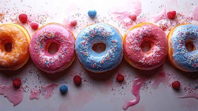 Colorful donuts with sprinkles arranged on pink background, glazed pastries, vibrant dessert photography, sweet treats, bakery delights, creative food styling, sugar cravings.
