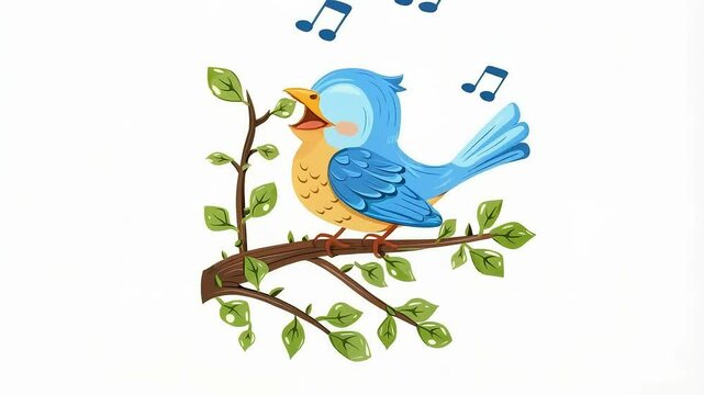 Cartoon Blue Bird Singing Joyfully on a Branch with Musical Notes