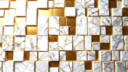 A mosaic of marble and gold tiles, combined in intricate patterns that reflect luxury and elegance, showcasing the beauty of natural stone
