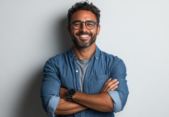 Smiling man with curly hair and glasses in casual attire, displaying confidence and approachability against a soft gray background for lifestyle and portrait photography