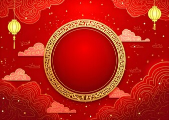 Modern Chinese New Year 2025 design in red, gold, and white for covers, cards, posters, and banners featuring traditional lantern patterns and other ornaments.