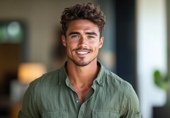 Obraz premium Smiling young man in casual green shirt with stylish hair, showcasing confidence and charisma in a bright indoor environment filled with natural light