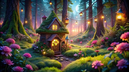 Night's embrace: a whimsical fairy cottage, painted green and pink, magically alight.