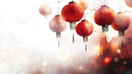 Vibrant chinese lanterns illuminate a festive evening urban festival watercolor art colorful atmosphere artistic perspective cultural celebration
