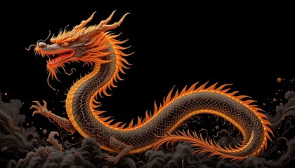 Fototapeta premium Majestic Golden Dragon Emerging from the Dark Clouds of Myth
