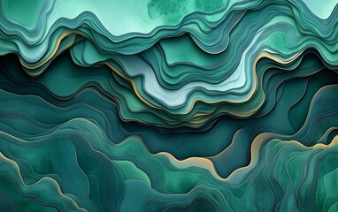 Obraz premium Abstract teal and gold layered wavy pattern background.