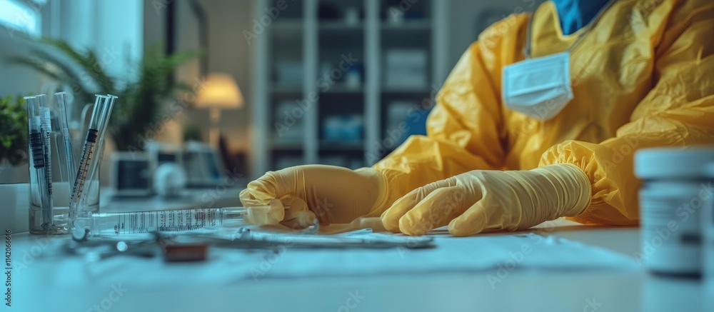 Poster scientist in ppe handling sample in lab.