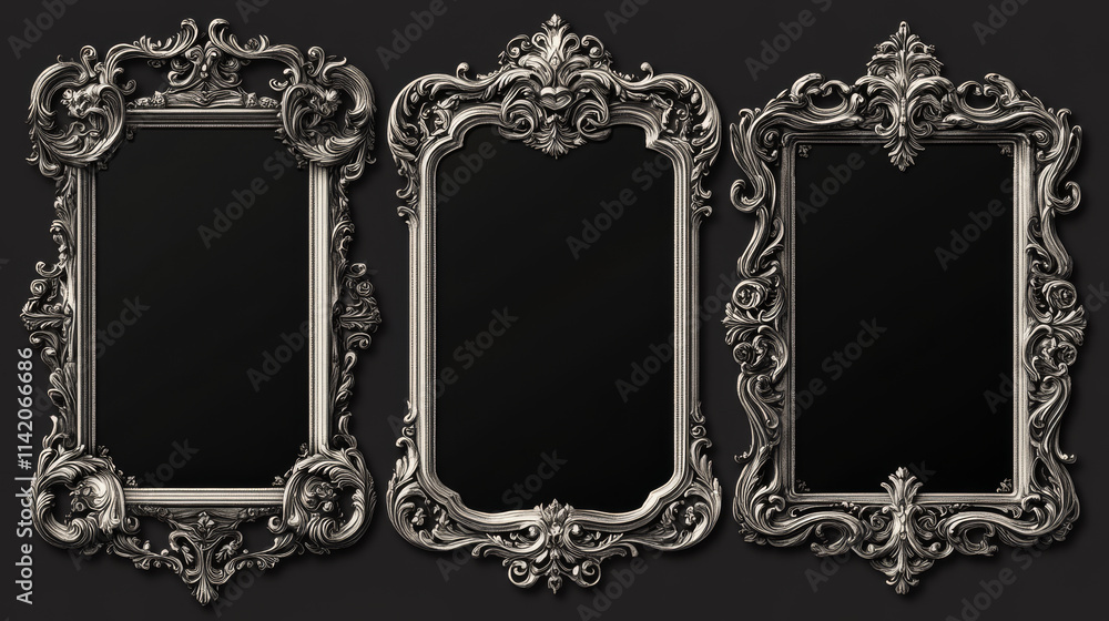 Poster square ui game frames, medieval silver borders. textured ornate gui elements with curve decorated ri