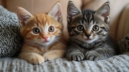 Two adorable kittens resting on a cozy blanket, ginger and tabby cats with bright eyes, cute pets, domestic animals, playful companions, home decor.