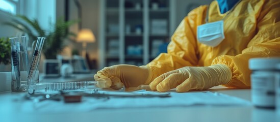 Obraz premium Scientist in PPE handling sample in lab.