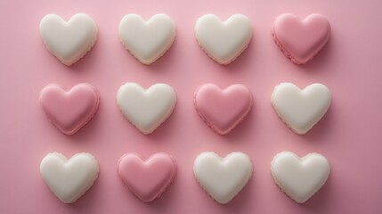 a pink and white heart shaped macarons on a pink surface
