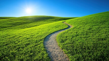 Fototapeta premium Winding path through lush green hills under bright blue sky.