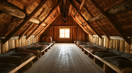 Ancient Wooden Attic Interior with Straw Roof and Mattresses