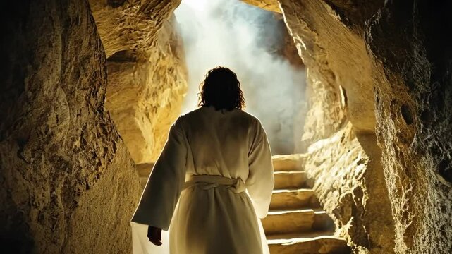 Jesus Christ emerges from his tomb, symbolizing hope and renewal through resurrection new life Easter holiday