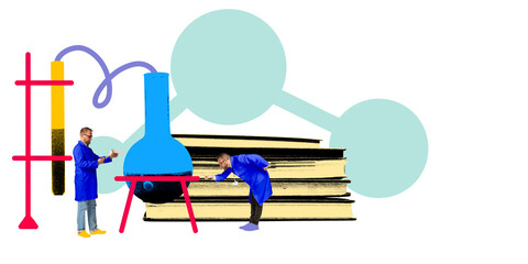 Two scientists in blue coats conducting research around oversized flask and large books with...