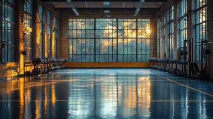 Sunlight shining through gym windows in modern fitness studio with weight racks, polished floor, empty workout space, natural light reflections, and peaceful atmosphere.