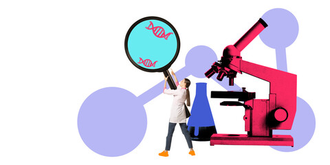 Female scientist holding oversized magnifying glass featuring red DNA strands, with giant...
