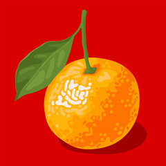 Orange sweet tangerine with green leaf on a bright red background. Symbol of Chinese New Year, Lunar New Year, Tet.
