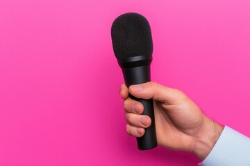 Hand Holding Microphone on Pink Background