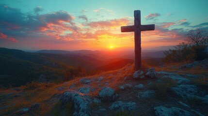 Cross silhouetted against fiery sunset over vibrant clouds, spiritual concept, heaven imagery, faith, Christian symbolism, religious scene, inspirational atmosphere, and divine beauty.