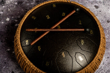 musical instrument handpan, glucophone. Steel tongue drum.