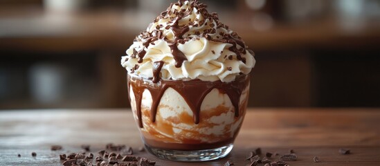 Chocolate dessert with whipped cream and chocolate shavings in a glass.