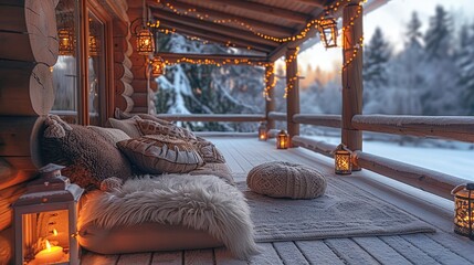 A charming winter retreat with a beautifully decorated porch, complete with plush cushions, glowing lanterns.