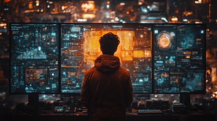 Man standing in a futuristic room with glowing digital holograms, innovative technology, sci-fi atmosphere, immersive data, cyber concepts, virtual exploration, neon background