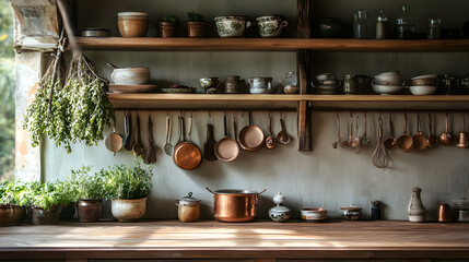 Inviting Rustic Kitchen Scene with Fresh Herbs Hanging to Dry and Warm Natural Lighting