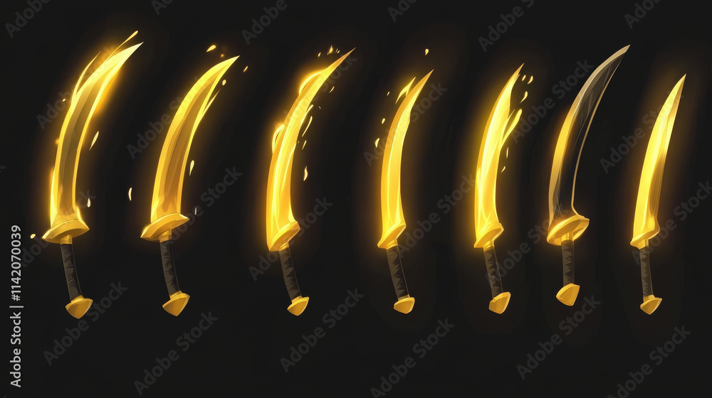 Poster medieval sword or ancient knife with slash light vfx effect for game ui design. cartoon vector illus