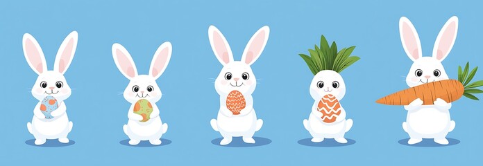 Naklejka premium Set of vector illustrations for Easter, featuring three cute rabbits with eggs