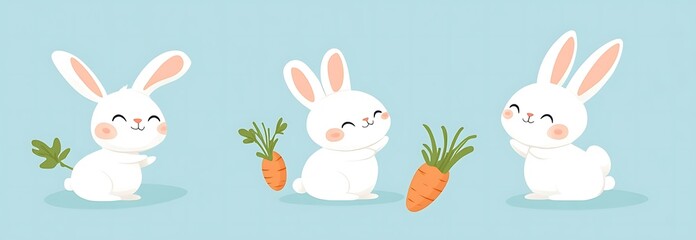 Set of vector illustrations for Easter, featuring three cute rabbits with eggs