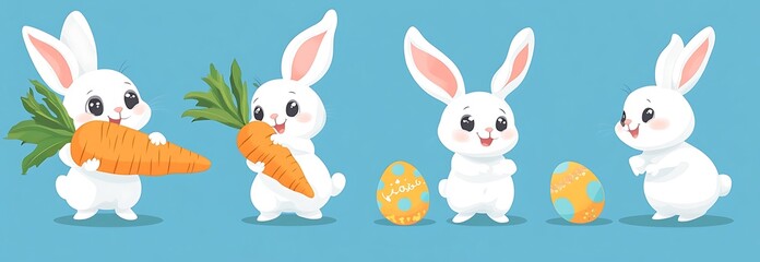 Naklejka premium Set of vector illustrations for Easter, featuring three cute rabbits with eggs