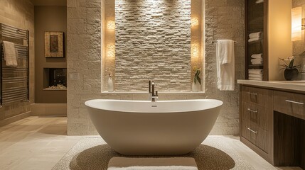 A luxurious spa bathroom featuring a freestanding tub, warm lighting, and stone accents for a soothing escape.