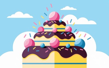 A large layered cake with colorful candies and sprinkles