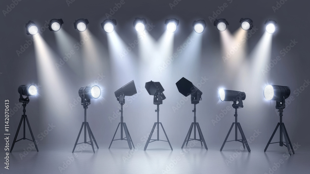 Poster professional stage spotlights with various beam configurations. realistic 3d vector focused illumina