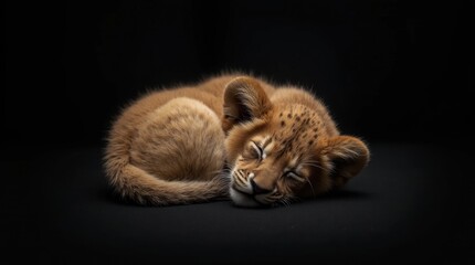 Obraz premium Hyperrealistic Photo of a Sleeping Lion Cub Curled Up Tightly