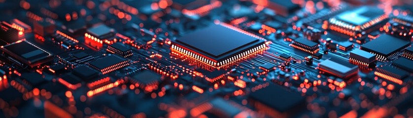 Glowing Microchips on Circuit Board Tech Background