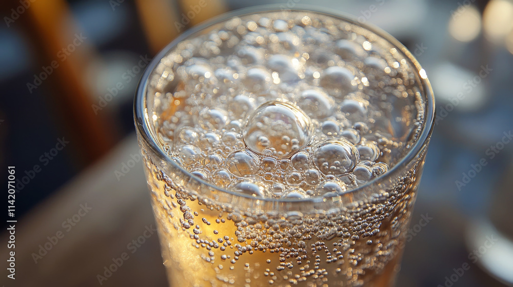 Poster fizzy water bubbles floating on transparent background. multiple sized spherical shapes for efferves