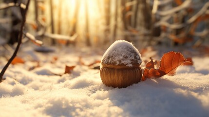 Fototapeta premium Snow covered acorn in winter forest