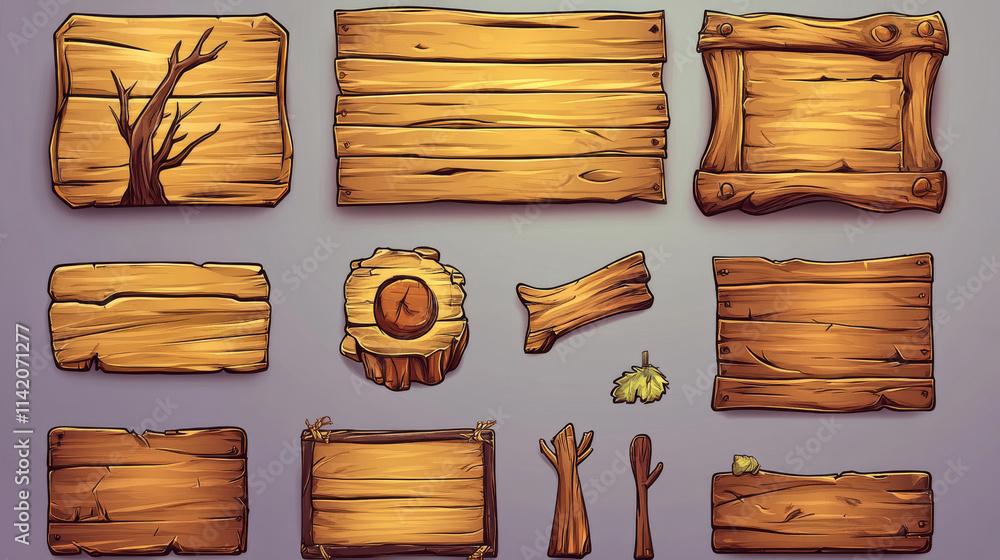 Poster vector wooden game signboard texture banner set. wood material plank frame ui label on transparent b