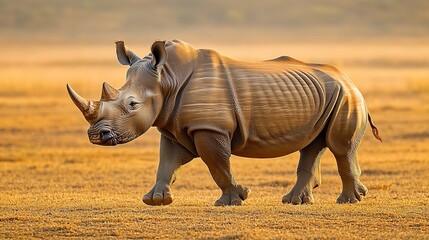 Obraz premium Sunlit rhino on golden savanna, tranquil pose, detailed skin folds.